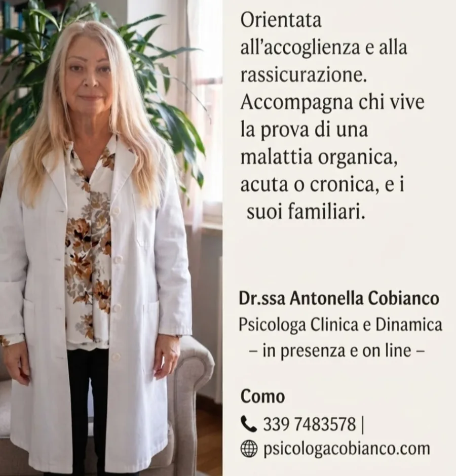 La Dott.ssa Cobianco in camice: accoglienza per chi vive una malattia organica, acuta o cronica, e i suoi familiari